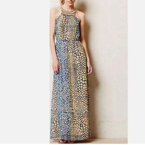 Anthropologie HD in Paris Mayacamas Multi-Color‎ Maxi Dress Beaded Halter 8 NWOT